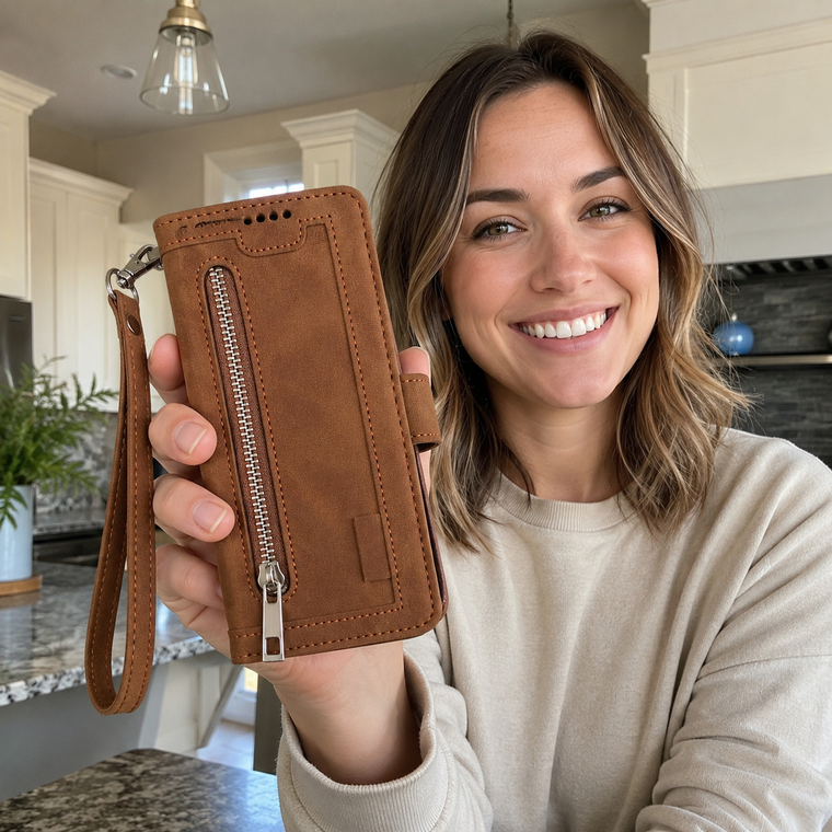 Customer using a Gear With Love zipper wallet case for errands