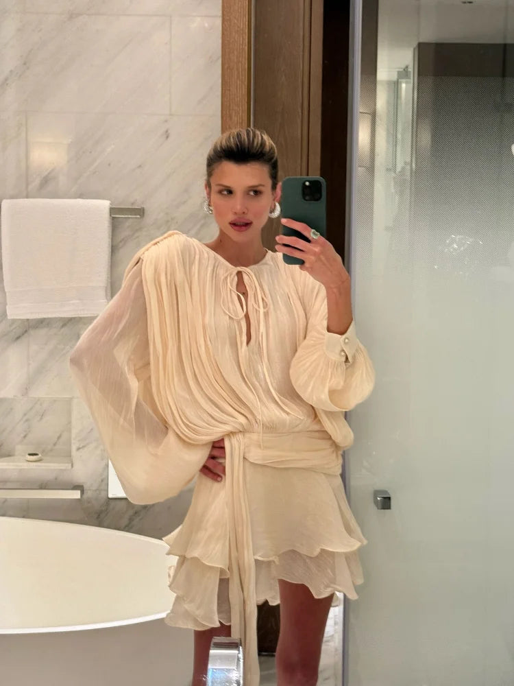 The Glow-Up Ruffle Dress™ – Long Sleeve Draped Mini Skirt with Ruched Waist