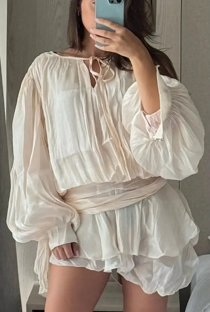 The Glow-Up Ruffle Dress™ – Long Sleeve Draped Mini Skirt with Ruched Waist