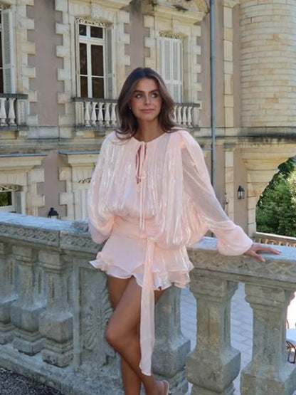 The Glow-Up Ruffle Dress™ – Long Sleeve Draped Mini Skirt with Ruched Waist