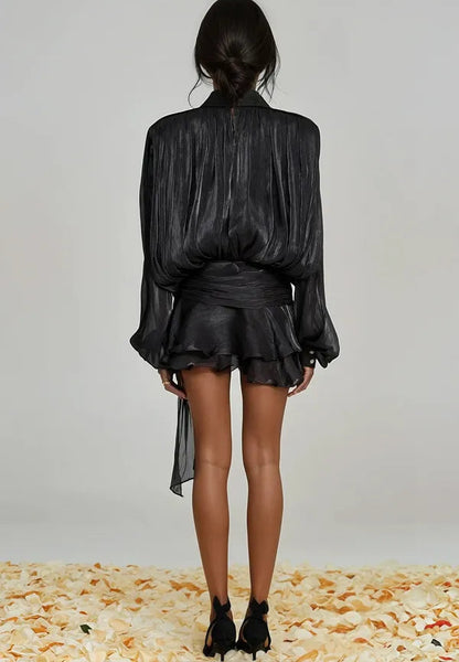 The Glow-Up Ruffle Dress™ – Long Sleeve Draped Mini Skirt with Ruched Waist