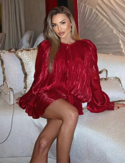 The Glow-Up Ruffle Dress™ – Long Sleeve Draped Mini Skirt with Ruched Waist