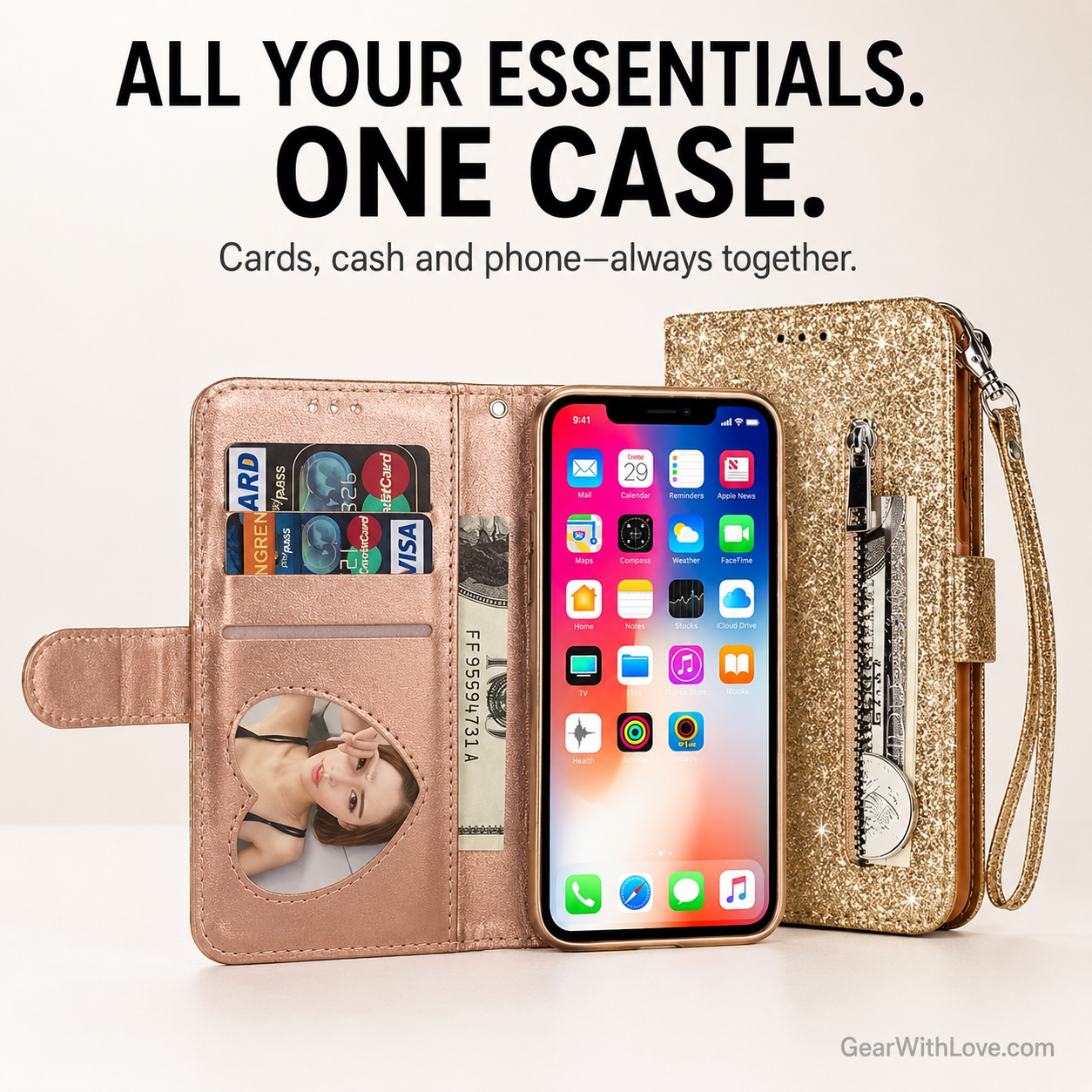 Glitter Bling Leather Zipper Wallet Case For iPhone