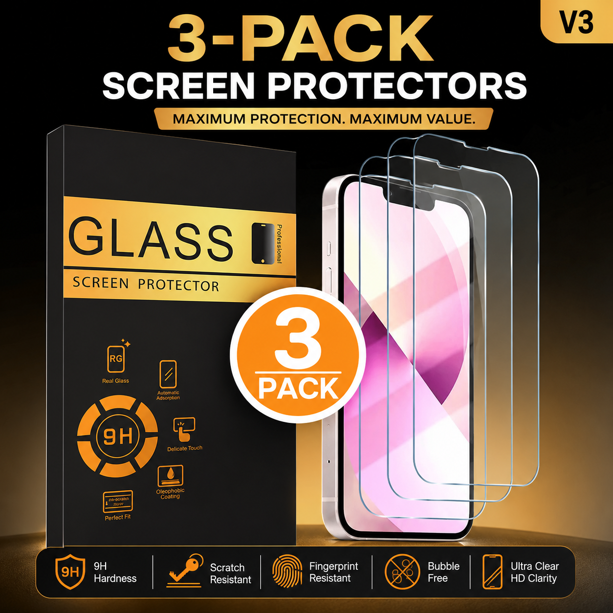3-Pack Tempered Glass Screen Protector for iPhone.