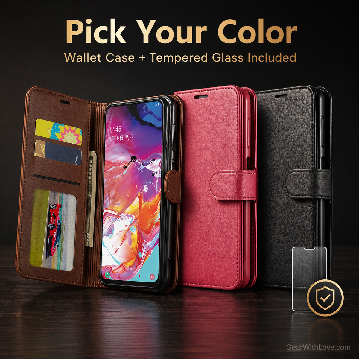 Samsung Wallet Case + Tempered Glass