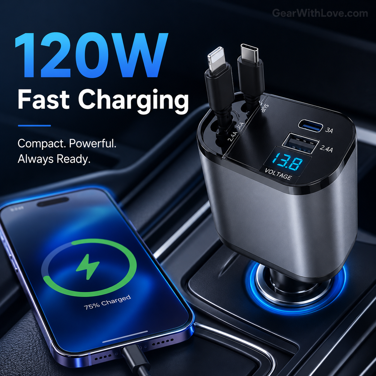 4-in-1 120W RetractCharge Car Charger
