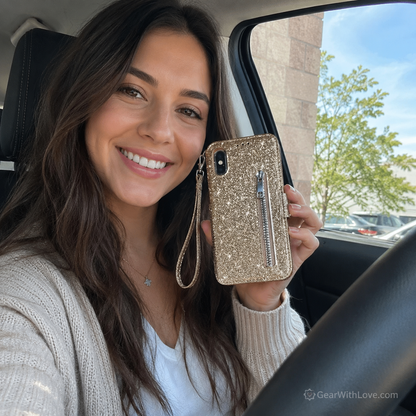 Glitter Bling Leather Zipper Wallet Case For iPhone