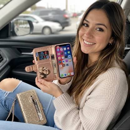 Glitter Bling Leather Zipper Wallet Case For iPhone