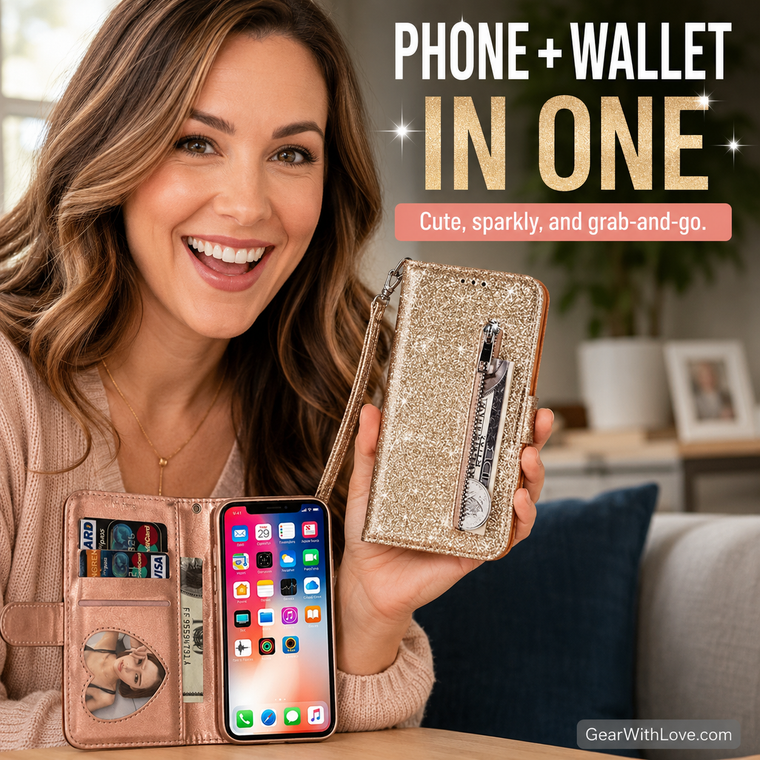 Glitter Bling Leather Zipper Wallet Case For iPhone