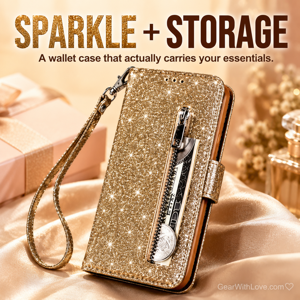 Glitter Bling Leather Zipper Wallet Case For iPhone