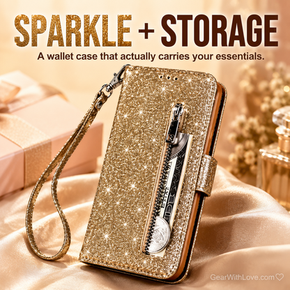 Glitter Bling Leather Zipper Wallet Case For iPhone