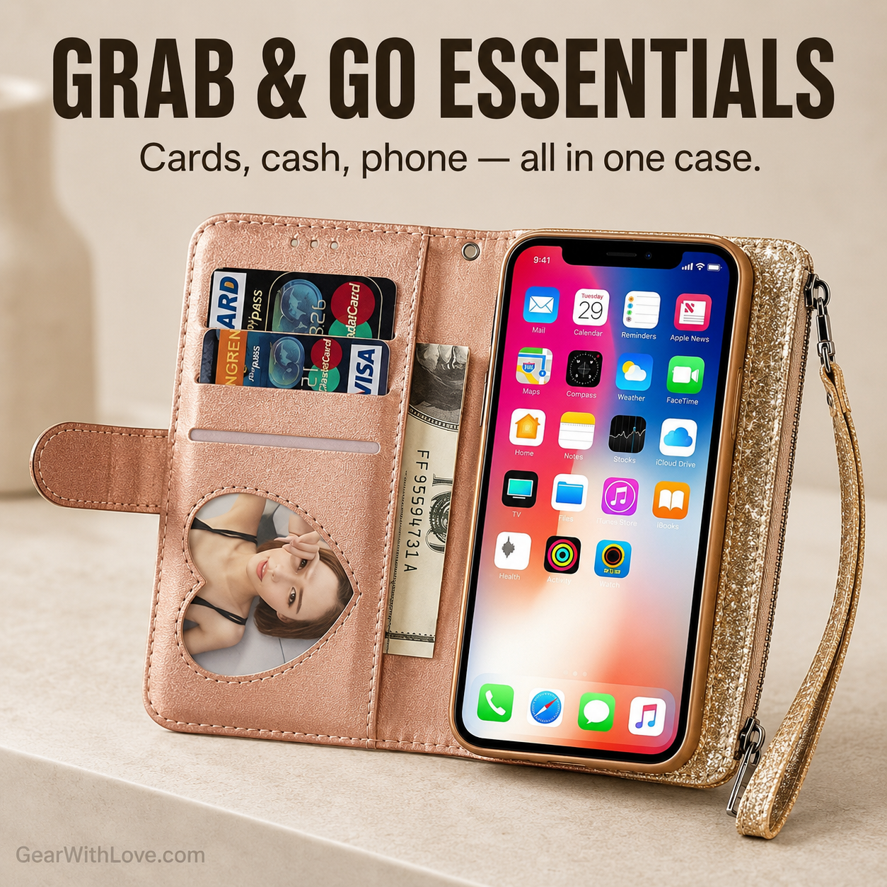 Glitter Bling Leather Zipper Wallet Case For iPhone