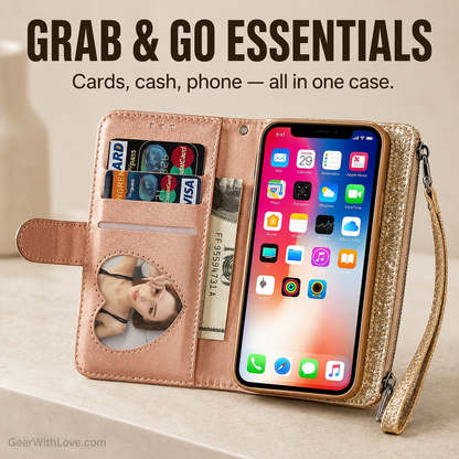 Glitter Bling Leather Zipper Wallet Case For iPhone