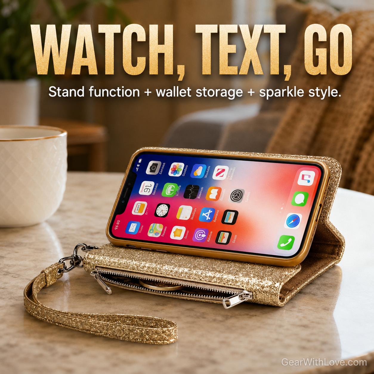 Glitter Bling Leather Zipper Wallet Case For iPhone