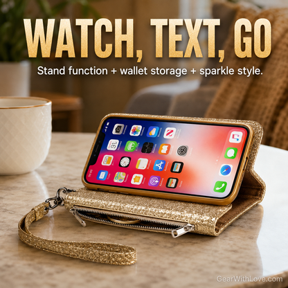 Glitter Bling Leather Zipper Wallet Case For iPhone