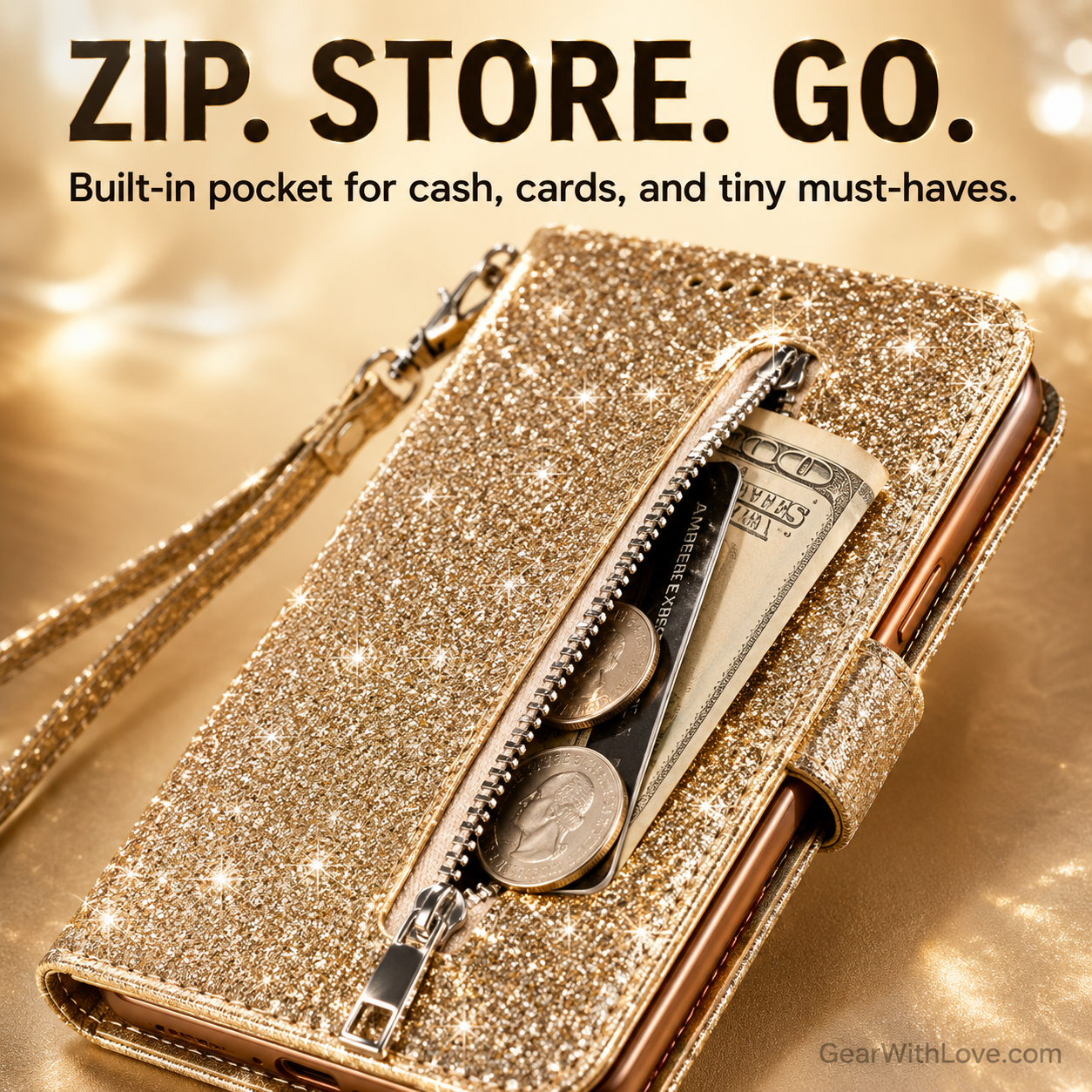 Glitter Bling Leather Zipper Wallet Case For iPhone