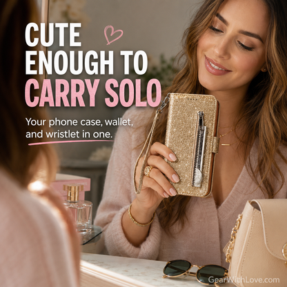 Glitter Bling Leather Zipper Wallet Case For iPhone