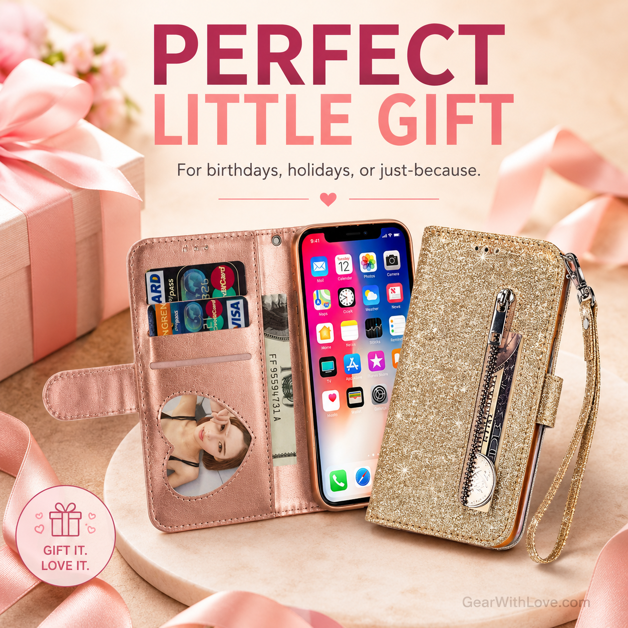 Glitter Bling Leather Zipper Wallet Case For iPhone