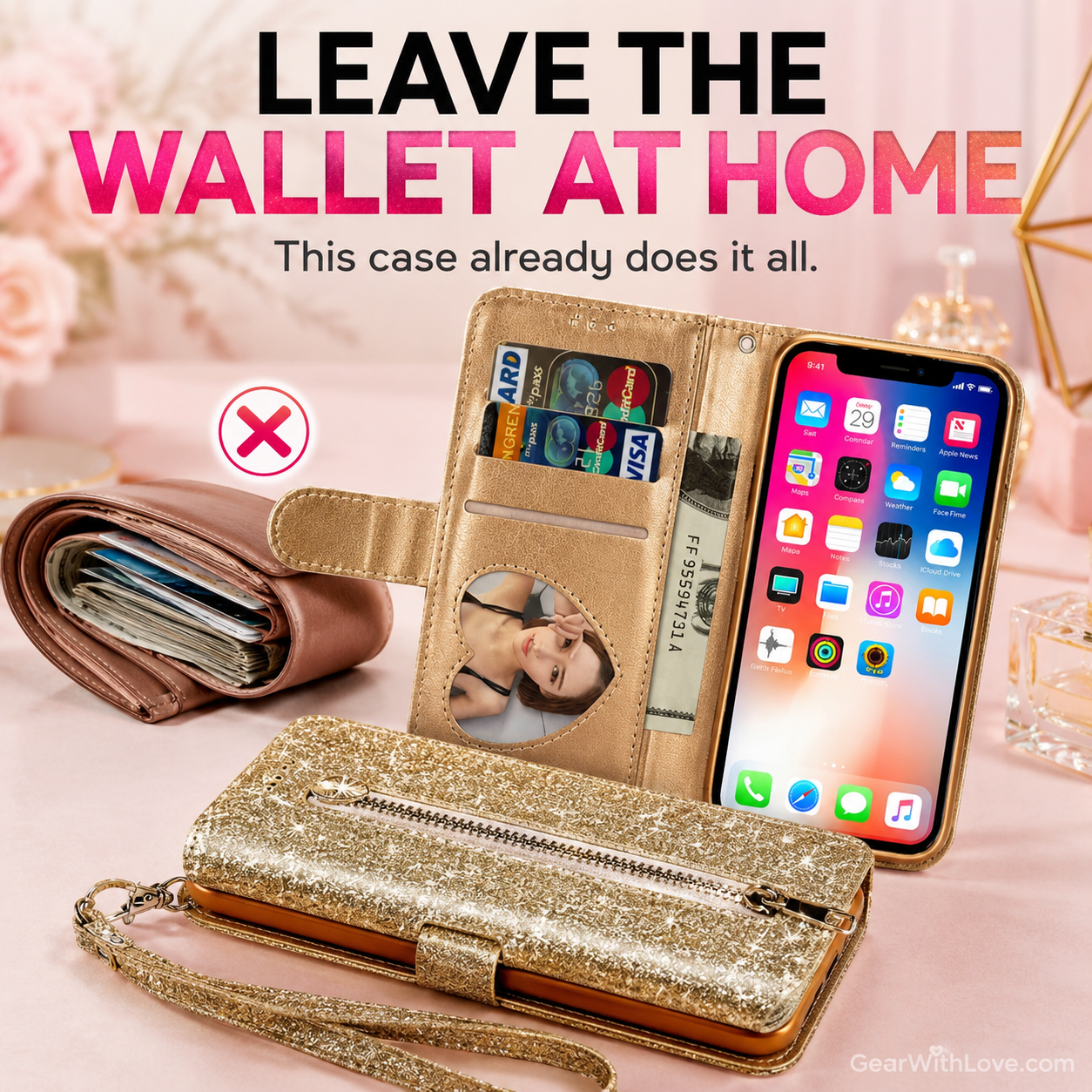 Glitter Bling Leather Zipper Wallet Case For iPhone