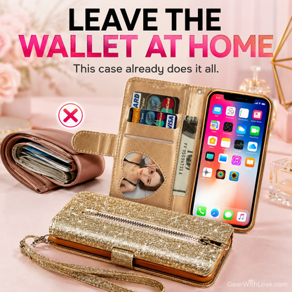 Glitter Bling Leather Zipper Wallet Case For iPhone