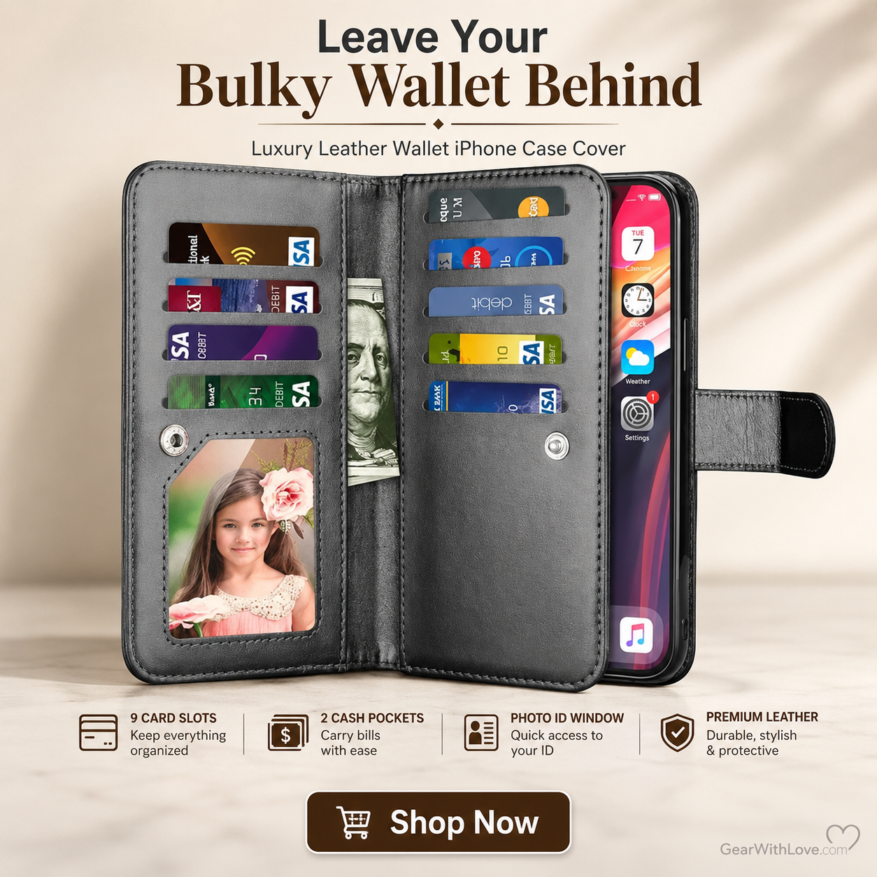 Luxury Leather Wallet iPhone Case Cover