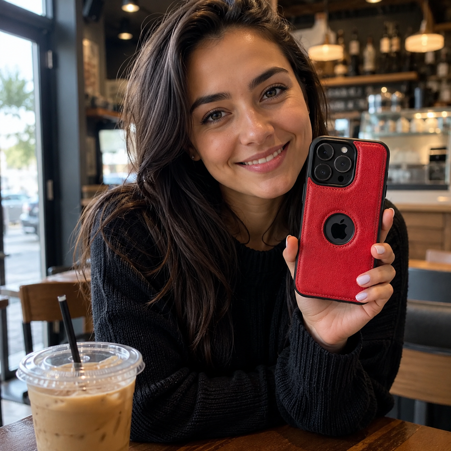 Customer holding a fitted Gear With Love slim leather-look phone case
