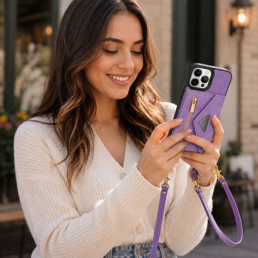 Customer wearing a purple Gear With Love crossbody phone case