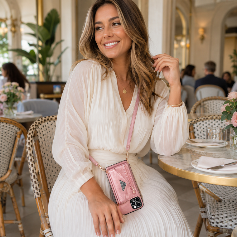 Customer wearing a Gear With Love crossbody case on a busy day