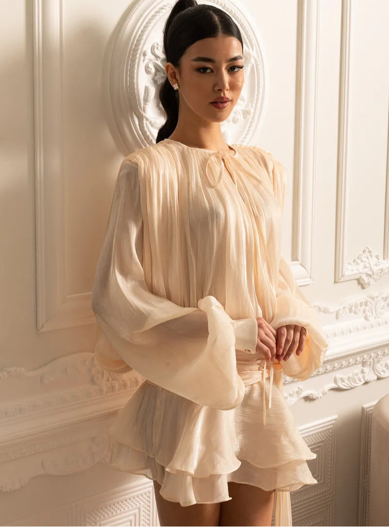 The Glow-Up Ruffle Dress™ – Long Sleeve Draped Mini Skirt with Ruched Waist