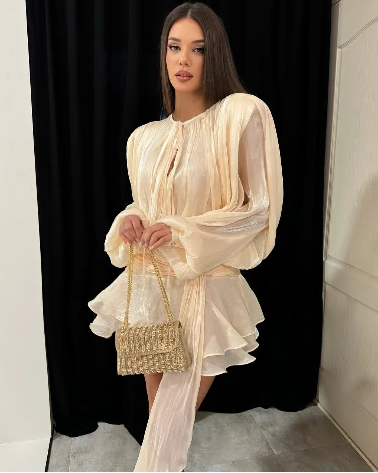 The Glow-Up Ruffle Dress™ – Long Sleeve Draped Mini Skirt with Ruched Waist