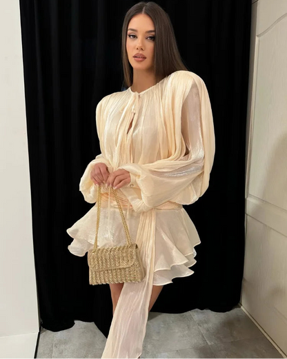 The Glow-Up Ruffle Dress™ – Long Sleeve Draped Mini Skirt with Ruched Waist