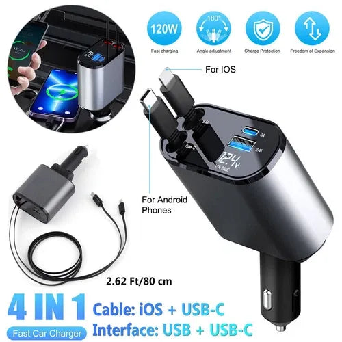 4-in-1 120W RetractCharge Car Charger