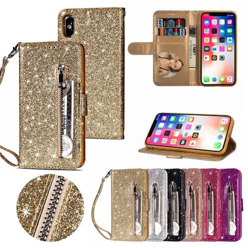 Glitter Bling Leather Zipper Wallet Case For iPhone