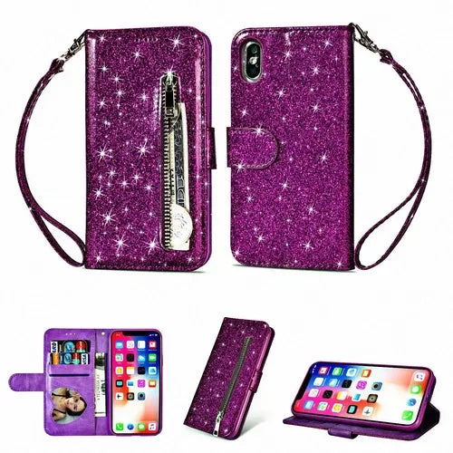 Glitter Bling Leather Zipper Wallet Case For iPhone