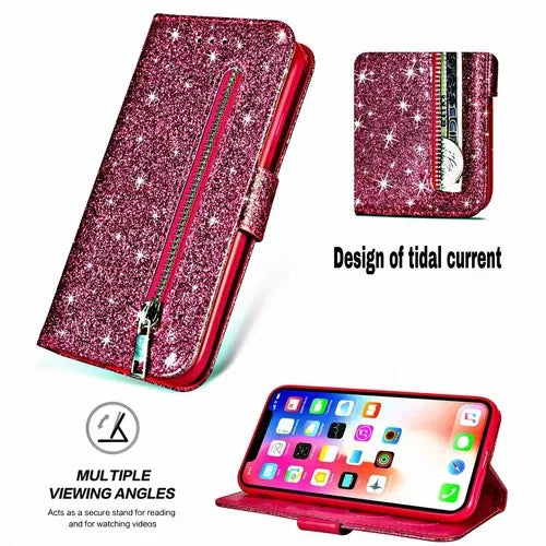 Glitter Bling Leather Zipper Wallet Case For iPhone