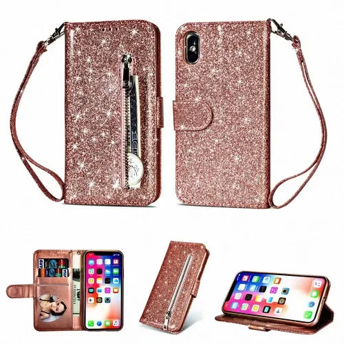 Glitter Bling Leather Zipper Wallet Case For iPhone