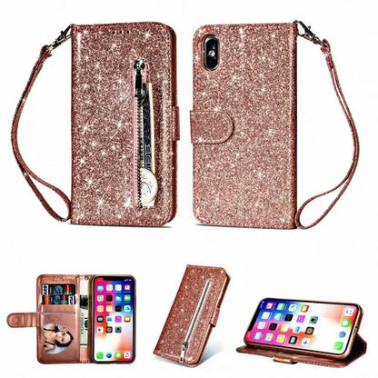 Glitter Bling Leather Zipper Wallet Case For iPhone